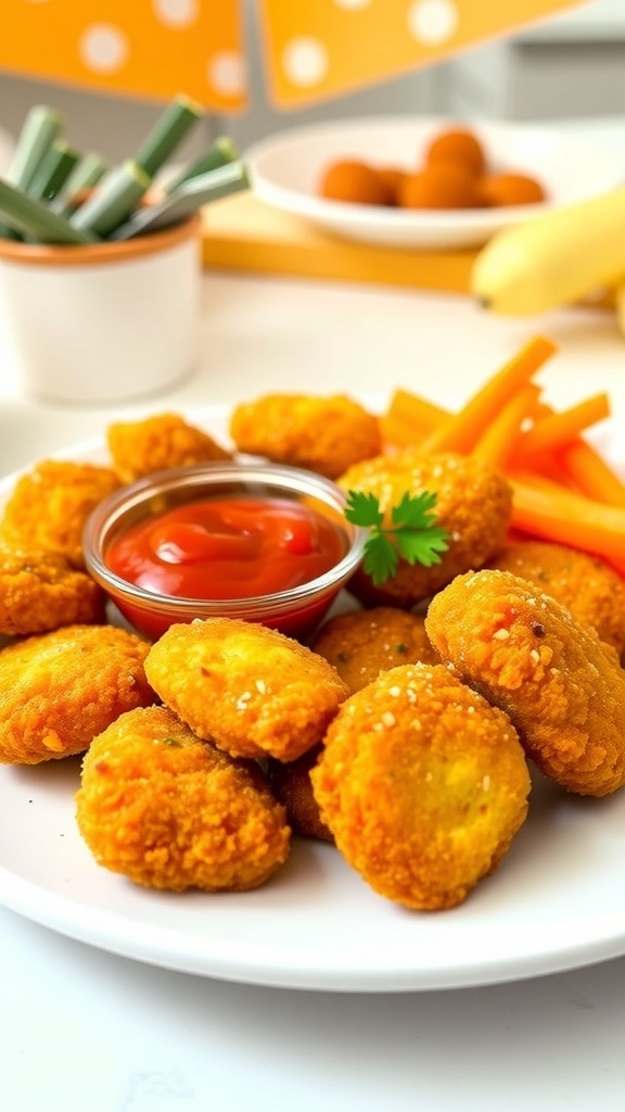 Kid-Friendly Air Fryer Chicken Nuggets Crispy air fryer chicken nuggets served with ketchup and carrot sticks on a colorful plate.